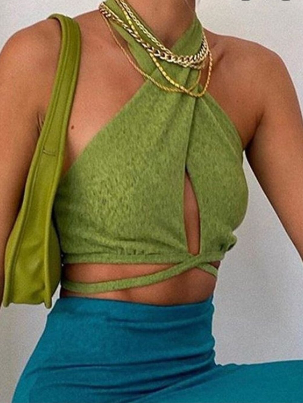 BLUSH MARK Olive Green Halter Wrap Crop Top XS
